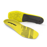 Yellow shoe insoles with black accents on a white background
