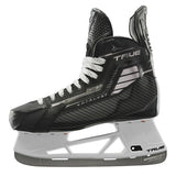 Black hockey skate with white laces on a white background