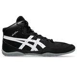 Asics black and white wrestling shoe on white background