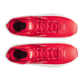 Red athletic shoes with white soles on a white background