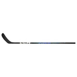 A CCM hockey stick shown horizontally against a plain white background, featuring a black blade and shaft with white and blue branding.