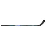 A CCM hockey stick shown horizontally against a plain white background, featuring a black blade and shaft with white and blue branding.