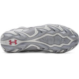 Gray and white sneaker with Under Armour logo on a white background