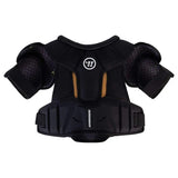 Black protective chest and shoulder pad with brand logo on a white background