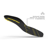 Black shoe insole with yellow accents and 'Superfeet' branding on a white background