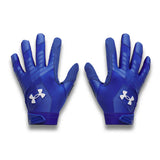 Pair of blue gloves with Under Armour logo on a white background