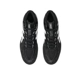 Asics black and white wrestling shoe view from the top on white background