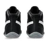 Asics black and white wrestling shoe view From the back on white background