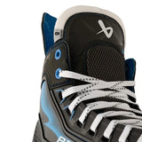 Close-up of a high-top ice skate boot in black, blue, and white, showing the lace-up front, textured toe box, and inner collar on a white background.