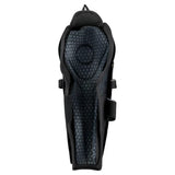 A black soccer shin guard with a dark blue and gray geometric patterned inner liner, shown against a plain white background.
