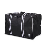 A black duffel bag with white piping and white handles, featuring a white circular logo on the bottom right corner, set against a plain white background.