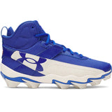 Blue and white athletic shoe with cleats on a white background
