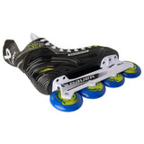 Black and white Bauer inline skate with blue wheels on a white background