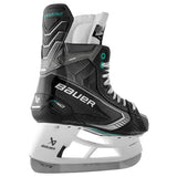 back view of a Bauer black, green and white hockey skate