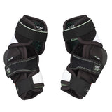 Pair of black protective wrist guards with white accents on a white background