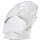 A white hockey goalie glove with a white net, shown against a plain white background.