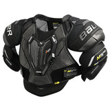 Bauer M5 Pro shoulder armor in black and dark gray with white and yellow accents, displayed on a clean white background.