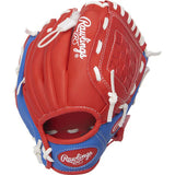 Red and blue baseball glove with white laces on a white background