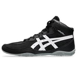 Asics black and white wrestling shoe on white background