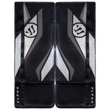 Black hockey goalie pads with white and gray geometric patterns and the Alpha logo, shown against a plain white background.
