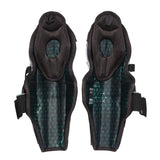 Pair of black protective knee pads with geometric pattern on a white background