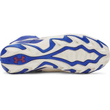 White and blue athletic shoe with Under Armour logo on a white background