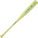 A light yellow-green baseball bat with teal printed logos and text, shown diagonally on a plain white background.