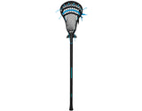 Black lacrosse stick with blue accents on a white background