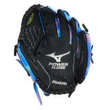 Black baseball glove with blue accents on a white background
