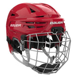Red Bauer helmet and mask on a white background