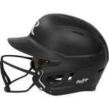 A matte dark gray baseball batting helmet with a white Rawlings logo on the side and a white stylized 'R' on the visor, shown with a black faceguard against a white background.
