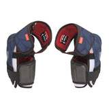 Pair of blue and black shoulder pads on a white background