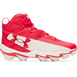 Red and white cleated shoe with Under Armour logo on a white background