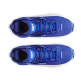 Blue athletic shoes with white soles on a white background