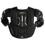 Black hockey shoulder armor with white and yellow accents, featuring the M5 Pro branding and a padded design, shown against a plain white background.