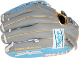 Gray baseball glove with blue accents and Rawlings logo on a white background