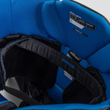 Blue child safety seat with black interior and visible branding.