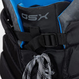 Close-up of a black and blue GSX backpack with straps and a rope.
