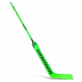 A bright neon green hockey stick with black 'WARRIOR' branding on the blade, shown diagonally on a clean white background.