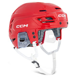 A red CCM ice hockey helmet with a clear face shield and white chin straps, shown from a three-quarters angle on a white background.