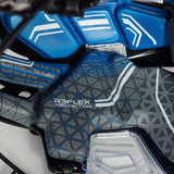 Close-up of a motorcycle or snowmobile protective panel with blue, gray, and black geometric patterns and the text 'REFLEX PROTECTION' visible on the product.