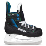 Black and blue hockey skate with white laces on a white background