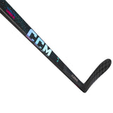 A close-up studio shot of a CCM U15 hockey stick blade showing the black carbon fiber weave, the large holographic CCM logo, and the 'Windforce' model branding against a solid white background.