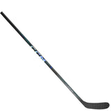 A black hockey stick with blue and white graphics, shown diagonally on a plain white background.
