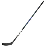 A CCM Unleashed hockey stick shown diagonally on a plain white background, featuring a black blade and shaft with white and blue branding.