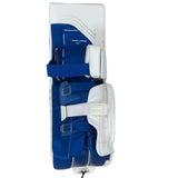 A blue and white athletic shin guard with adjustable straps, shown from a top-down view against a light gray background.