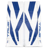 A pair of white and blue hockey goalie shin guards with the brand name 'TRUE' and model 'SX' visible, set against a plain white background.
