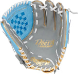 Baseball glove with blue and gray design on a white background