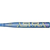 A blue and gold Asura Bats Asura fastpitch bat shown horizontally against a plain white background.