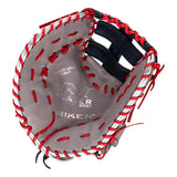 A Miken Player Series baseball glove shown from the back, featuring a gray suede palm, black and navy wrist straps, and red and white lacing around the edges.